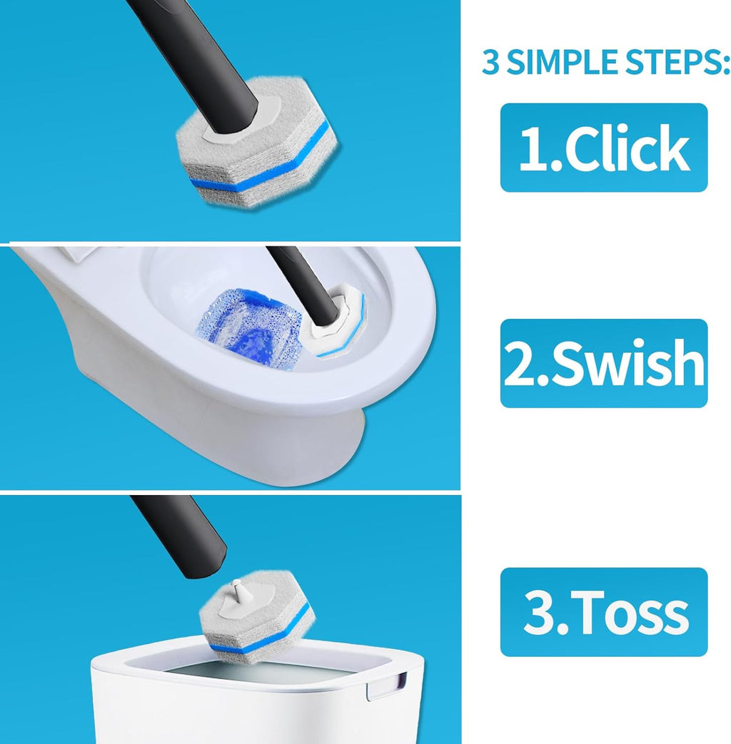 Disposable Toilet Brush with 50 Cleaner Refills Pads，Wall Mounted Toilet Bowl Holder Set，Toilet Cleaning System Starter Kit，Bathroom Cleaning System for Sink Bathtub Wash Basin