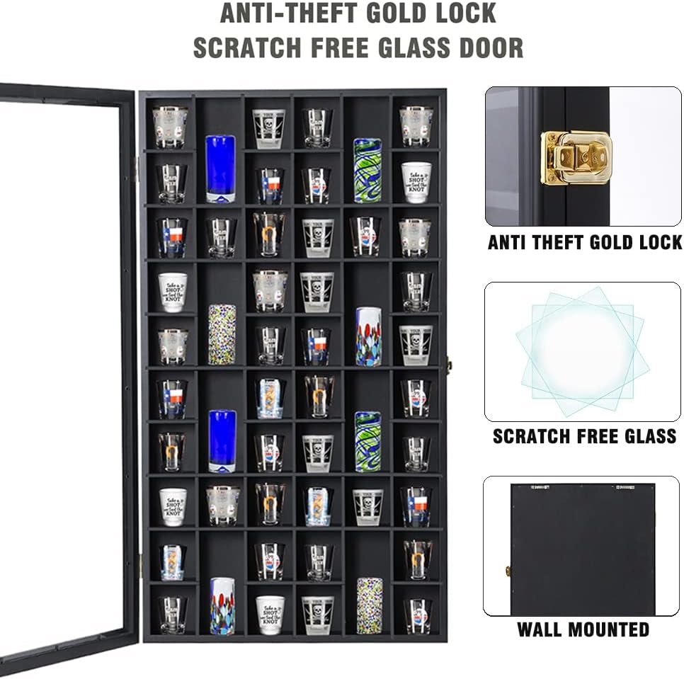Shot Glass Storage Display Case Large 52-Slot Wooden Cabinet Rack Holder