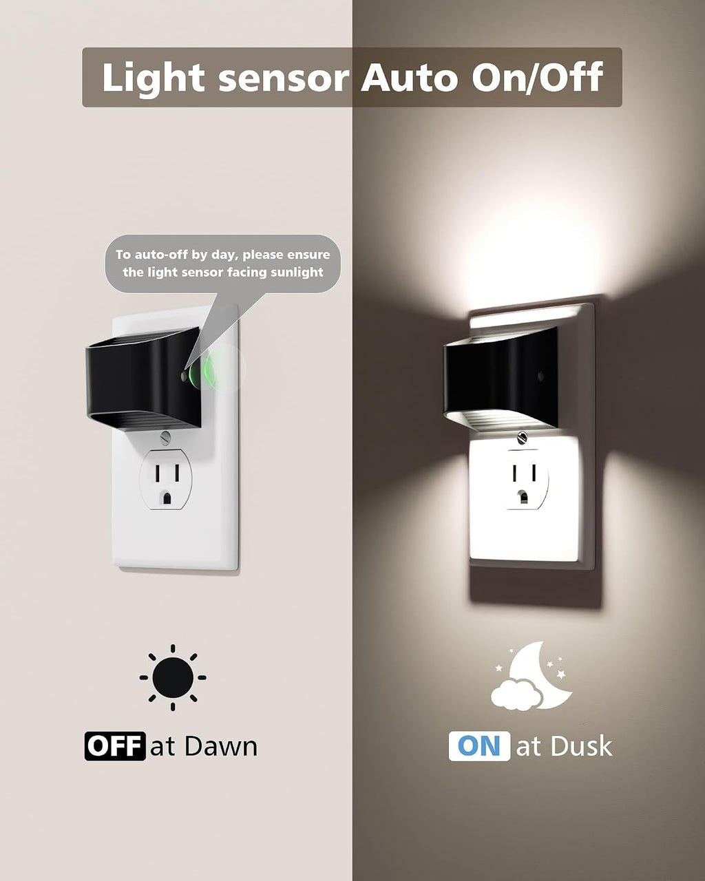 VOLISUN LED Night Light Cool White, 4 Pack Up and Down Night Lights Plug into Wall with Dusk to Dawn Light Sensor, 6000K Nightlight for Hallway, Bedroom, Bathroom, Kitchen Black