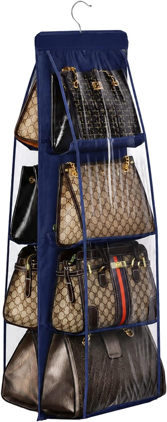Lirex Handbag Hanging Purse Organizer for Closet, 8 Pocket Handbag Storage Organizer Hanger Oxford Cloth Closet Organizer for Family Closet Bedroom, Foldable and Universal Fit, Navy Blue