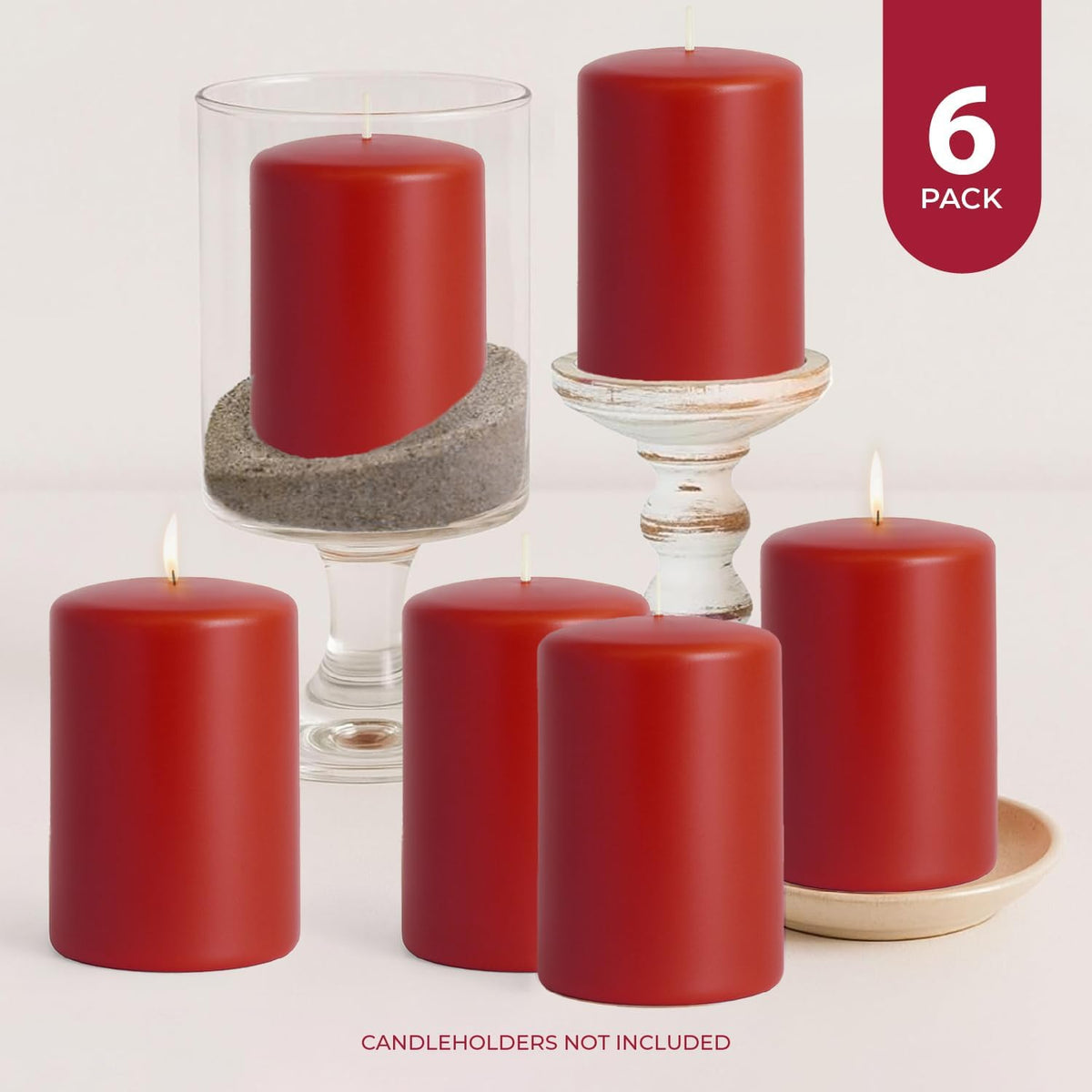 Biedermann & Sons Cranberry Red Pillar Candles (6 Pack), 4 Inch Tall 3 Inch Wide Round, Unscented Paraffin Wax, Approx 40 to 45 Hour Burn, Dripless Decorative Candles for Home and Events