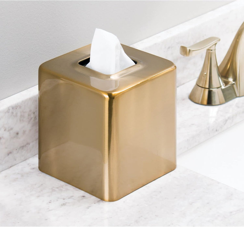 mDesign Metal Square Tissue Box Cover, Modern Facial Paper Holder - Accessories for Bathroom Vanity Countertop, Bedroom Dresser, Night Stand, Desk, Office and End Table - Unity Collection - Soft Brass