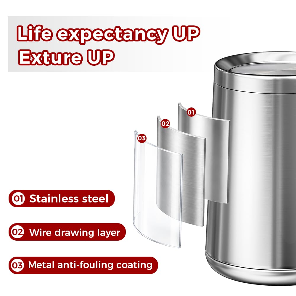 10L/2.6Gal Brushed Nickel Bathroom Trash Can with Lid,Sliver