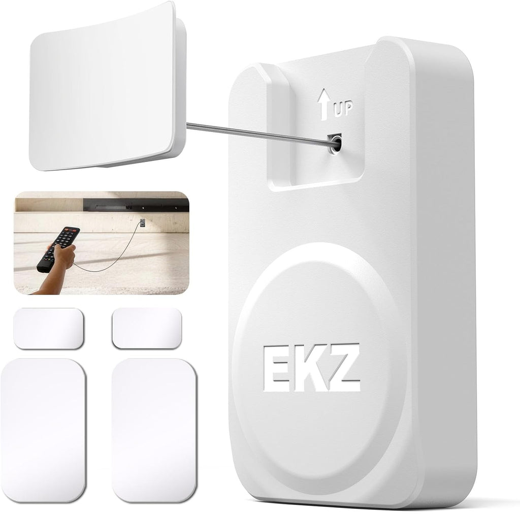EKZ Magnetic Remote Control Holder with 6.5FT Retractable Steel Cable, Anti-Lost Remote Tether Lock with Auto-Rewind & Adhesive Wall Mount for TV, AC, Monitor & Home Remote Controls (White,1 Pcs)