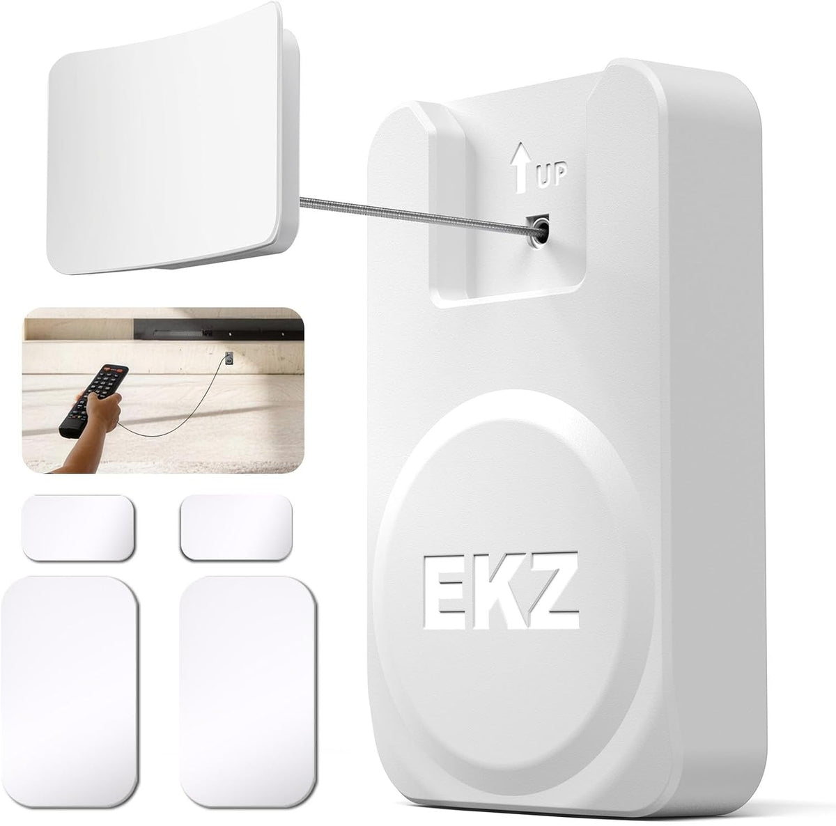 EKZ Magnetic Remote Control Holder with 6.5FT Retractable Steel Cable, Anti-Lost Remote Tether Lock with Auto-Rewind & Adhesive Wall Mount for TV, AC, Monitor & Home Remote Controls (White,1 Pcs)