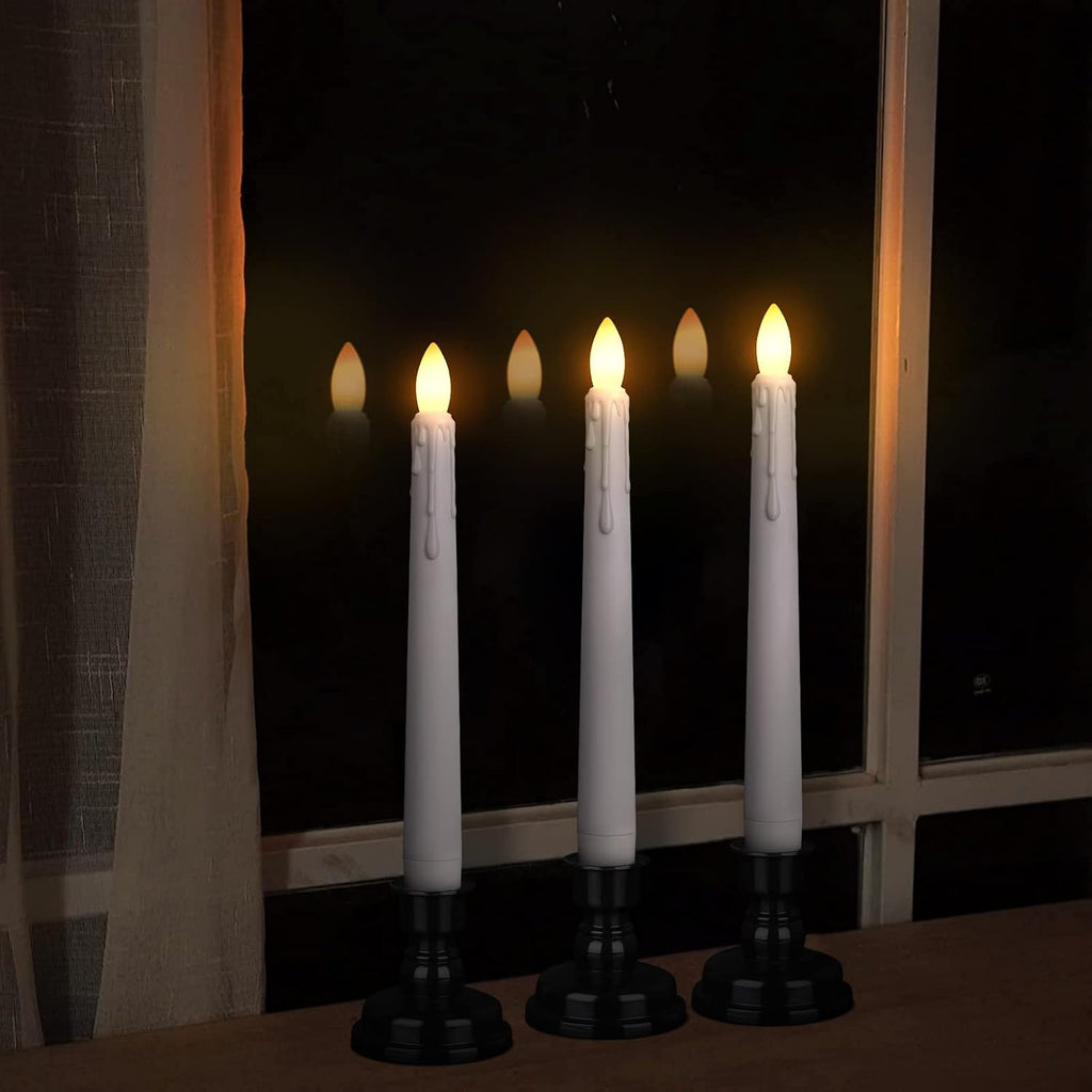 Daord LED Battery Operated Window Candle with Remote & Timer Flickering Warm Light Christmas Flameless Taper Candles for Party Holiday Wedding Home Table Decoration (Pack of 6,White+Black Holder(A))…