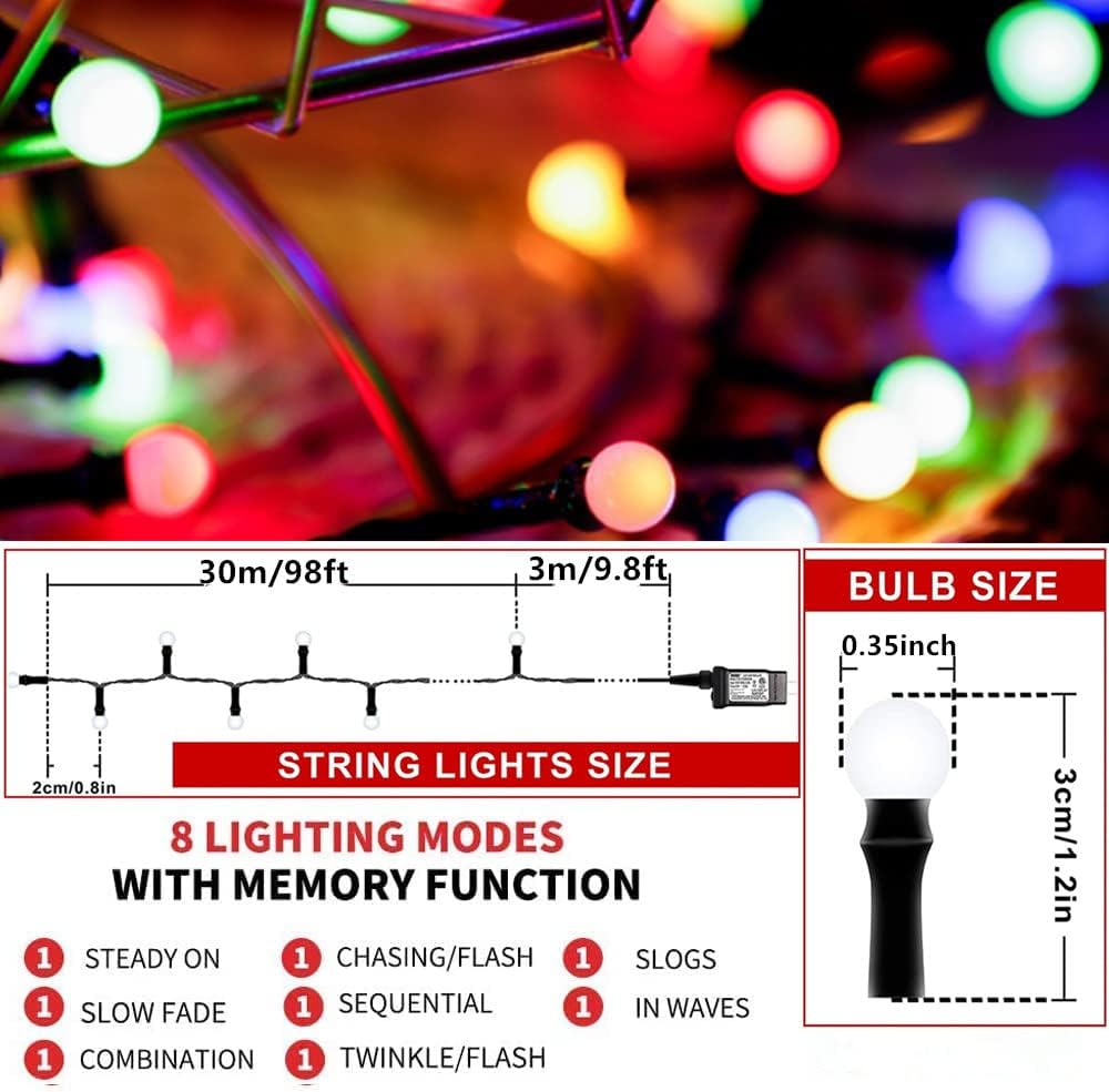 Meteds LED Christmas Lights Outdoor,300LED 105Ft 8 Modes Plug-in Connectable Waterproof Globe String Lights for Outdoor & Indoor Decorations (Multi-Colored)