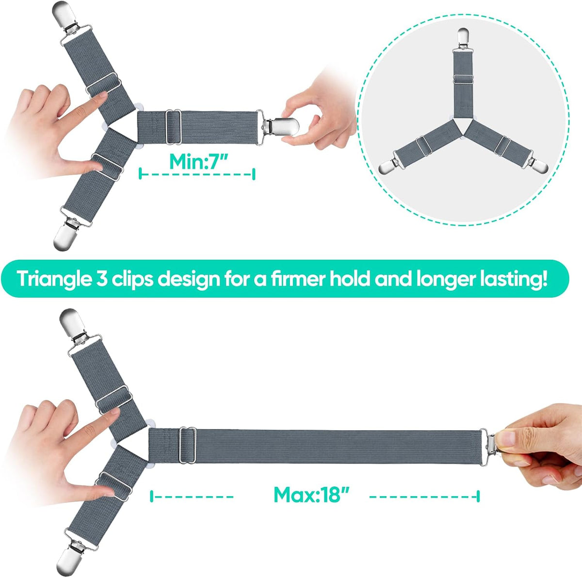 Bed Sheet Straps, Easy to Install Sheet Straps, Fitted Sheet Clips, Adjustable Sheet Fasteners, Say Goodbye to The Messy Sheets (Gray-4 Pcs)