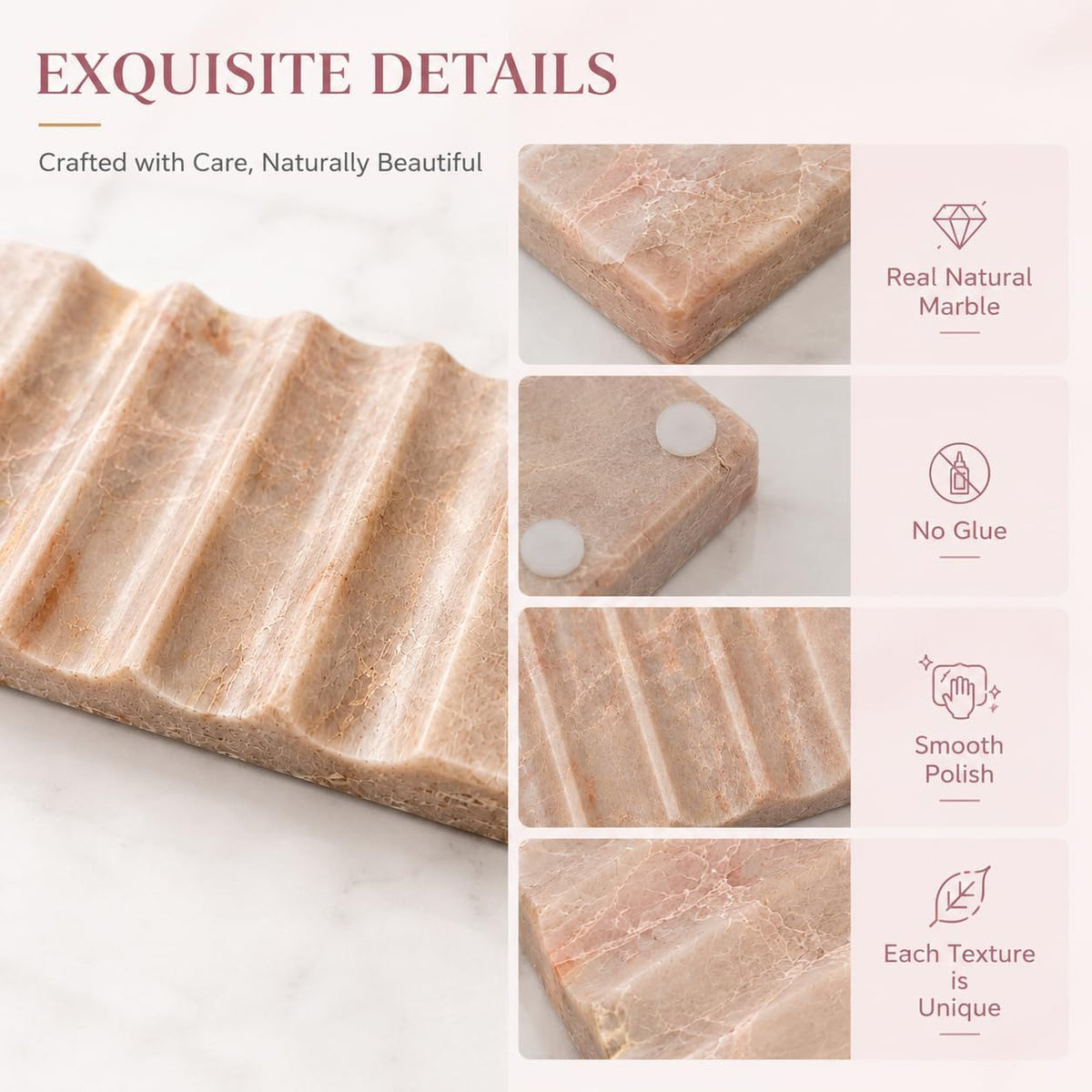Pink Marble Soap Dish for Bathroom, Real Natural Marble Soap Holder with Drainage Groove, Luxury Decorative Small Soap Tray for Bathtub, Kitchen Sink & Shower, Pink Bathroom Accessories