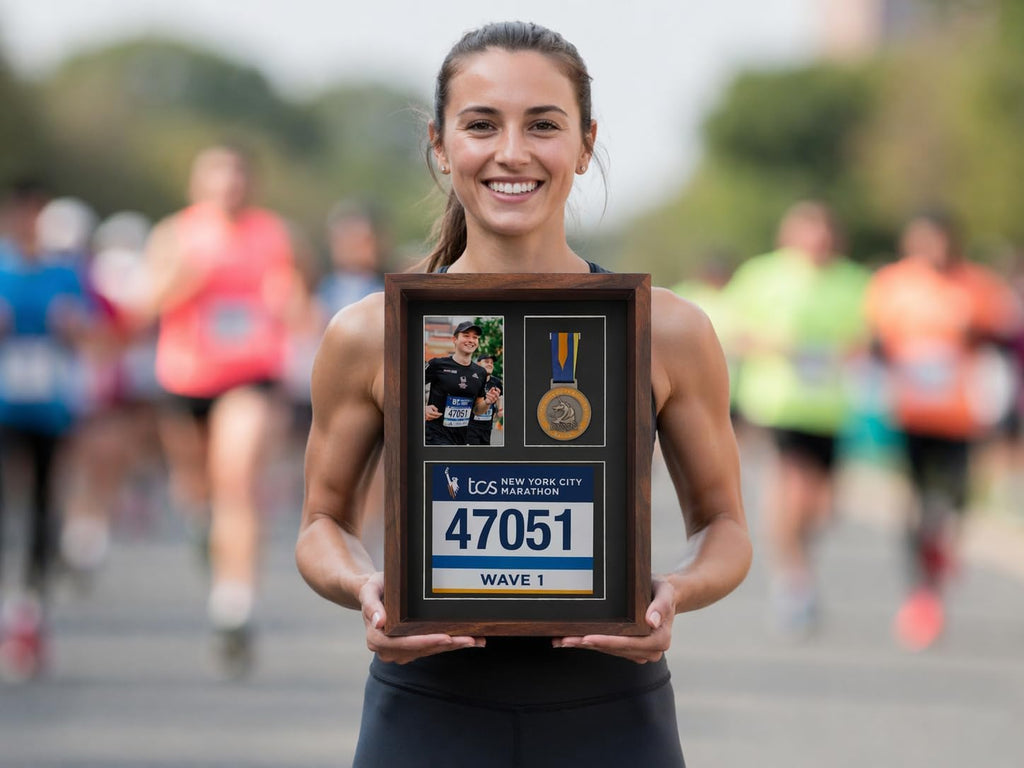 3-in-1 Shadow Box Display with Real Glass (Medal, Race Bibs, and Photo Display) – Marathon Medal Display and Frame, Triathlon & Running Bib Holder, Wall-Mounted, Real Tempered Glass- Walnut