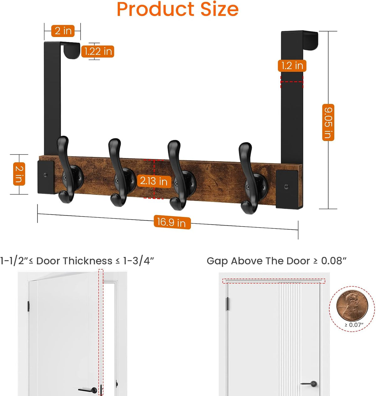 Homode Over The Door Hooks Heavy Duty, Wood Over Door Hanger Hook with Coat Hooks for Hanging Towels, Clothes, Hats, Bags - Rustic Brown Black