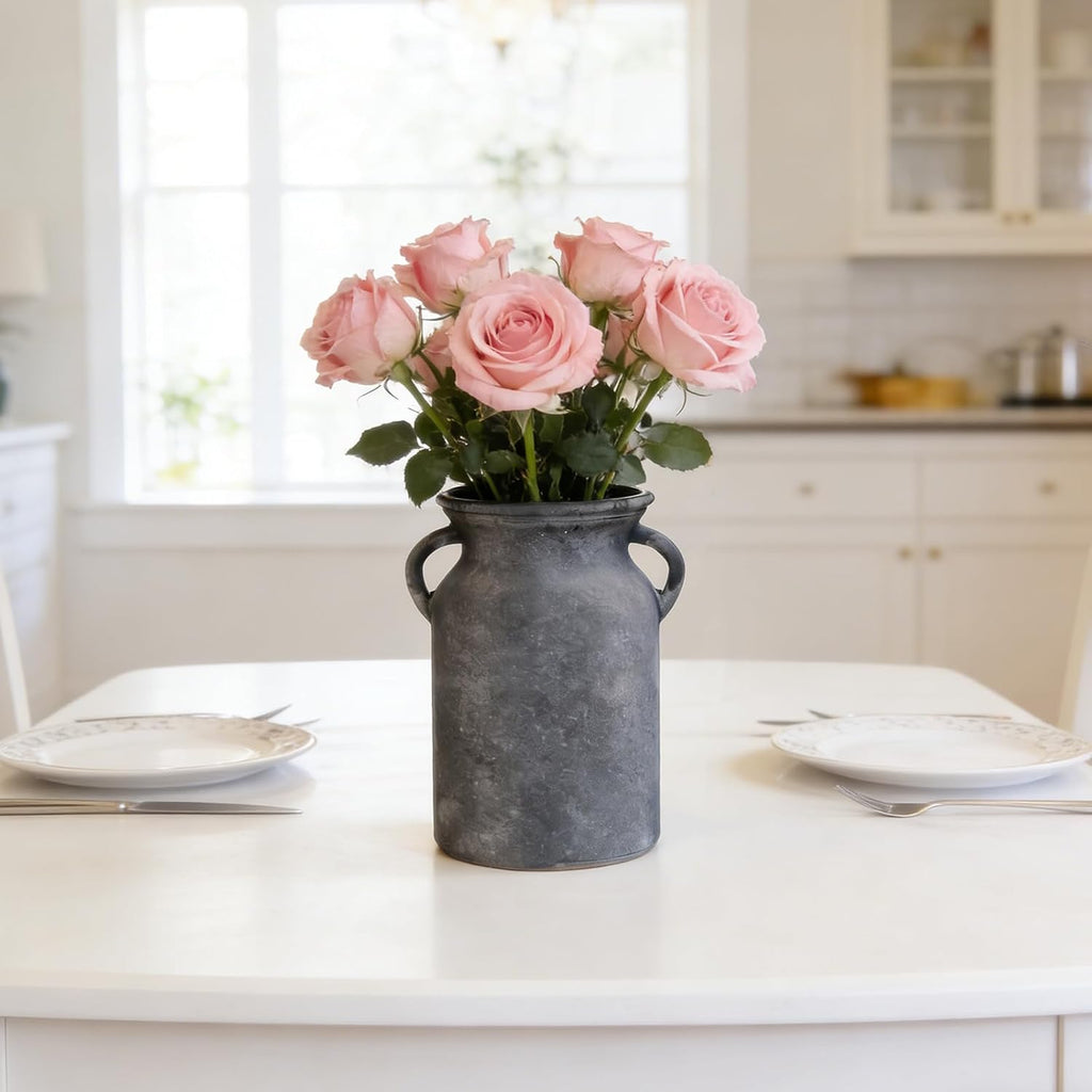 Black Glass Vase with Handles - Rustic Imitation Ceramic Flower Vase 8 Inches, Vintage Matte Black Centerpiece Decor for Modern Farmhouse, Industrial Home, Gothic & Minimalist Table Decorations