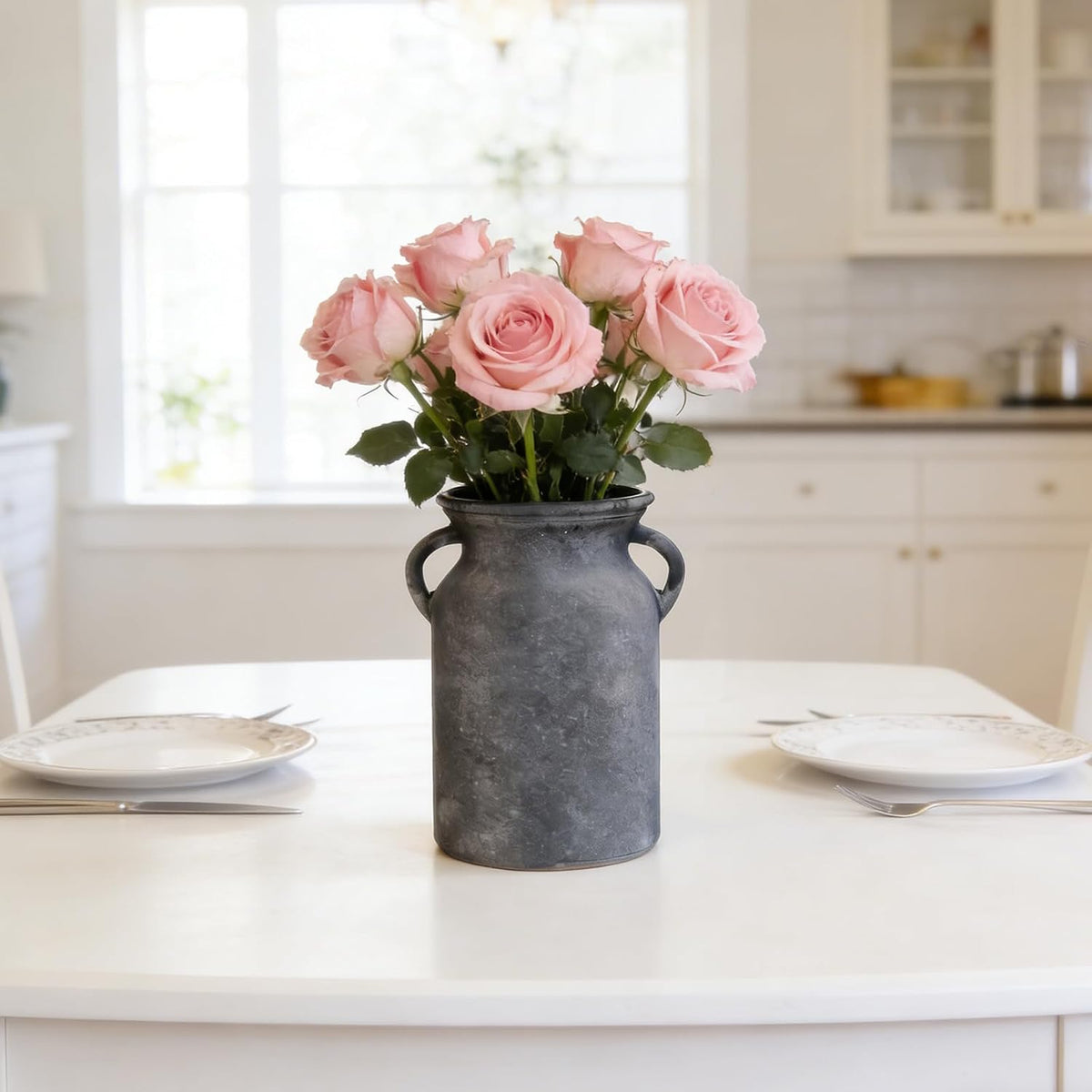 Black Glass Vase with Handles - Rustic Imitation Ceramic Flower Vase 8 Inches, Vintage Matte Black Centerpiece Decor for Modern Farmhouse, Industrial Home, Gothic & Minimalist Table Decorations