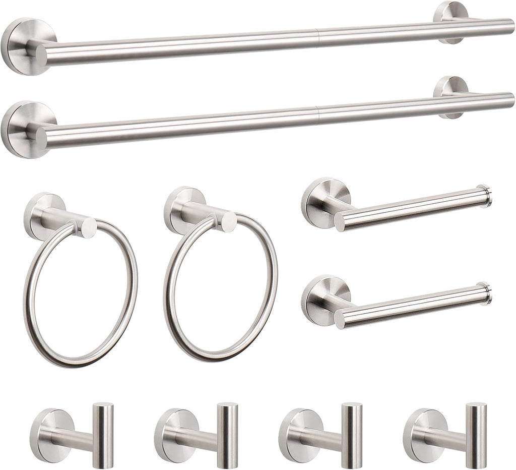 NearMoon 10 Pieces Bathroom Hardware Set SUS304 Thicken Stainless Steel-Towel Rack Kit Include 26" Towel Rod + Bath Towel Ring + Toilet Paper Holder + Robe Towel Hooks Bath Accessories (Nickel)