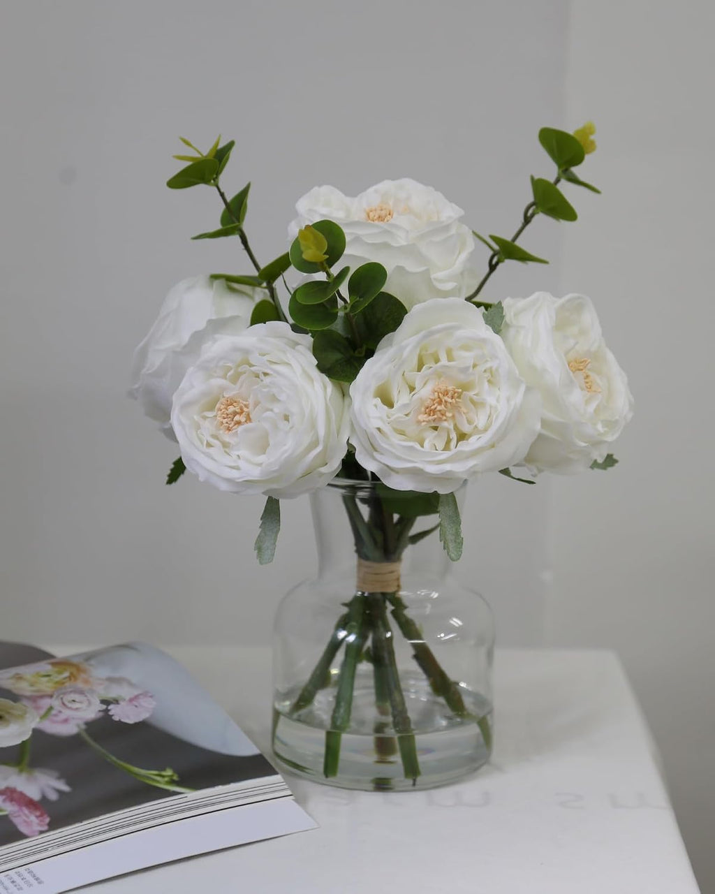 Artificial Flowers in vase, Vivid Faux Rose Flowers Arrangements, Austin Rose Centerpieces for Tables, Flower Ornaments and Flower Arts for Living Room (White)