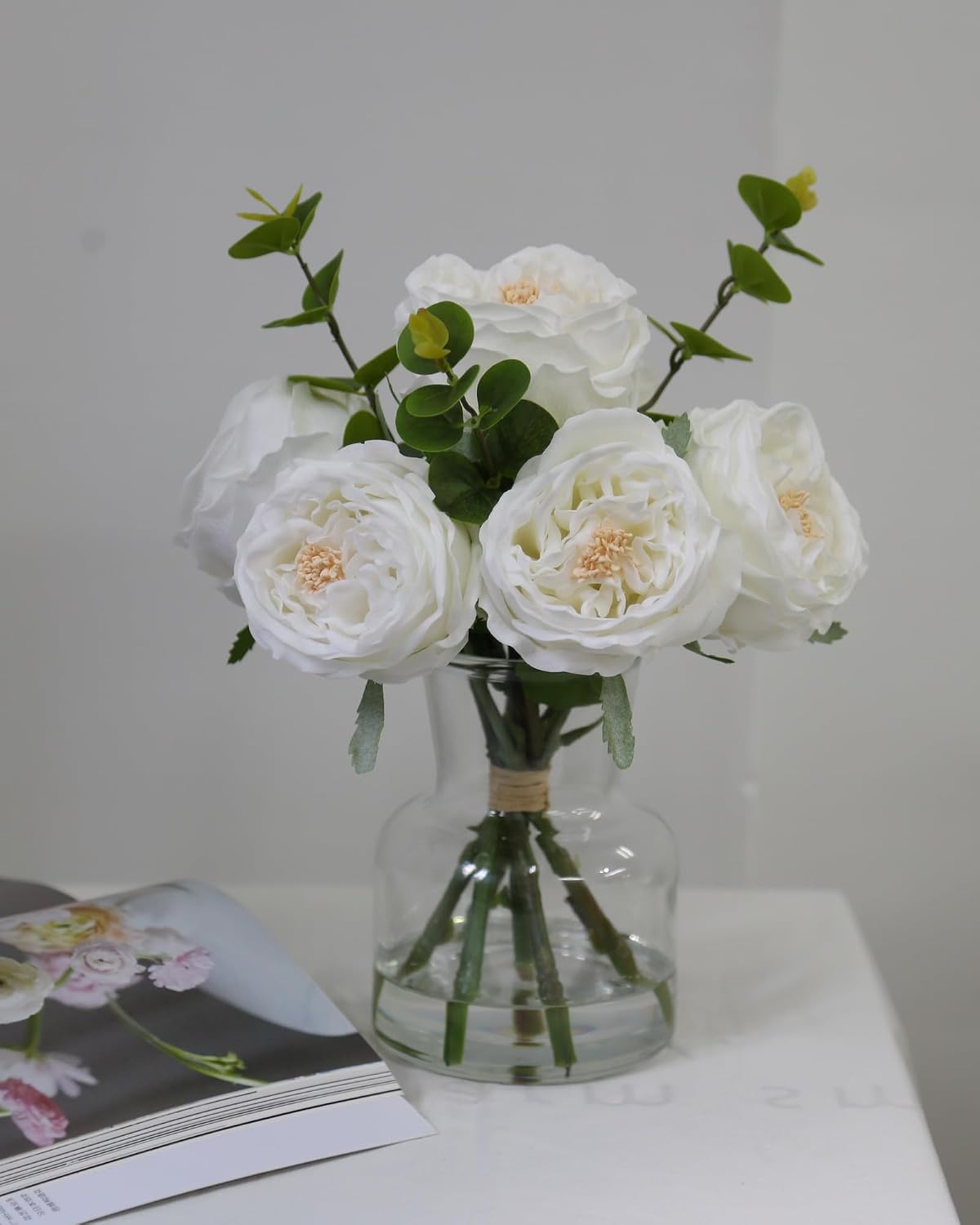 Artificial Flowers in vase, Vivid Faux Rose Flowers Arrangements, Austin Rose Centerpieces for Tables, Flower Ornaments and Flower Arts for Living Room (White)