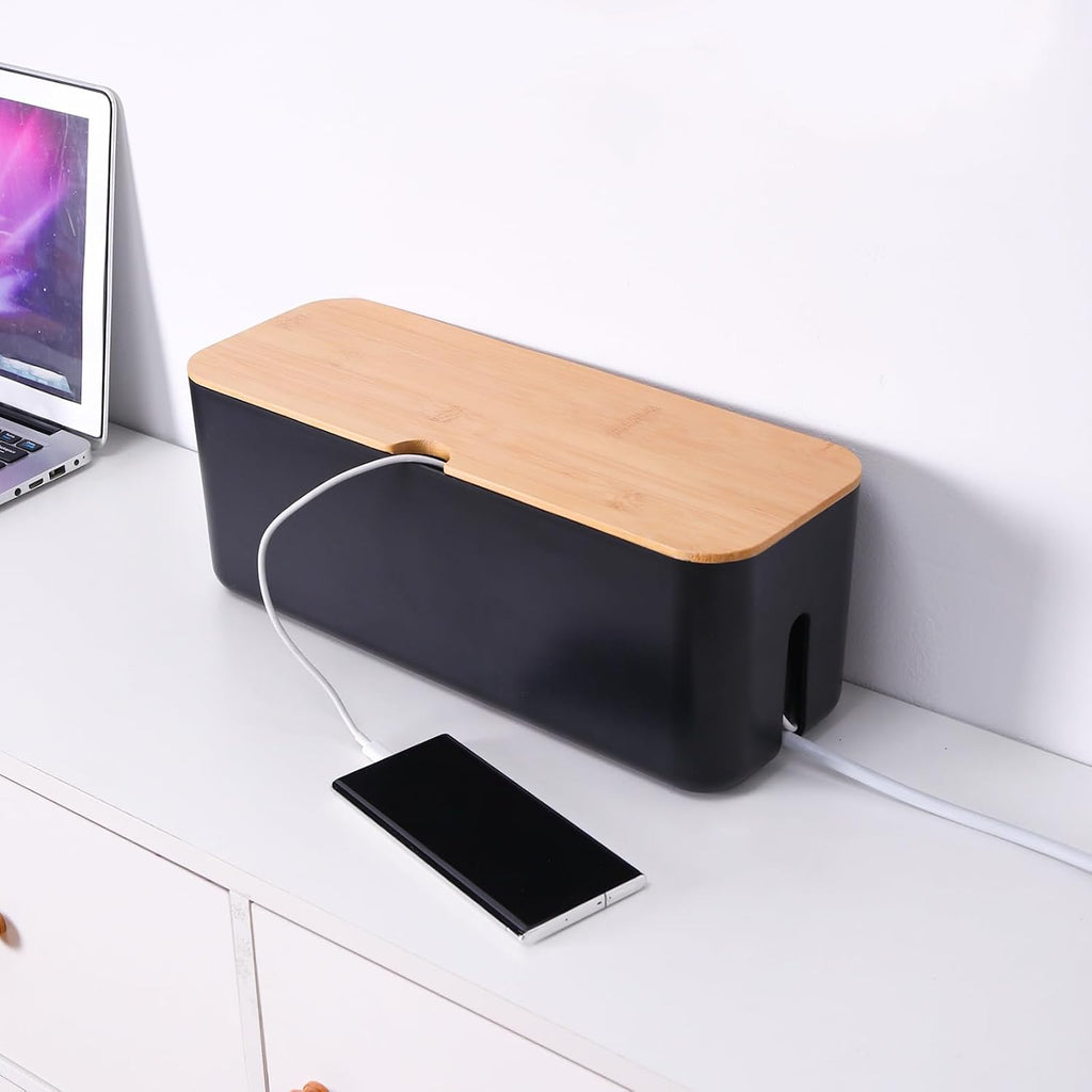 Changsuo Cable Management Box Small White Cable Organizer Box for Extension Cord Power Stripe Surge Protector Wire Management Concealer Organizer Cover Hider for Desktop Home Office Kitchen (Black)