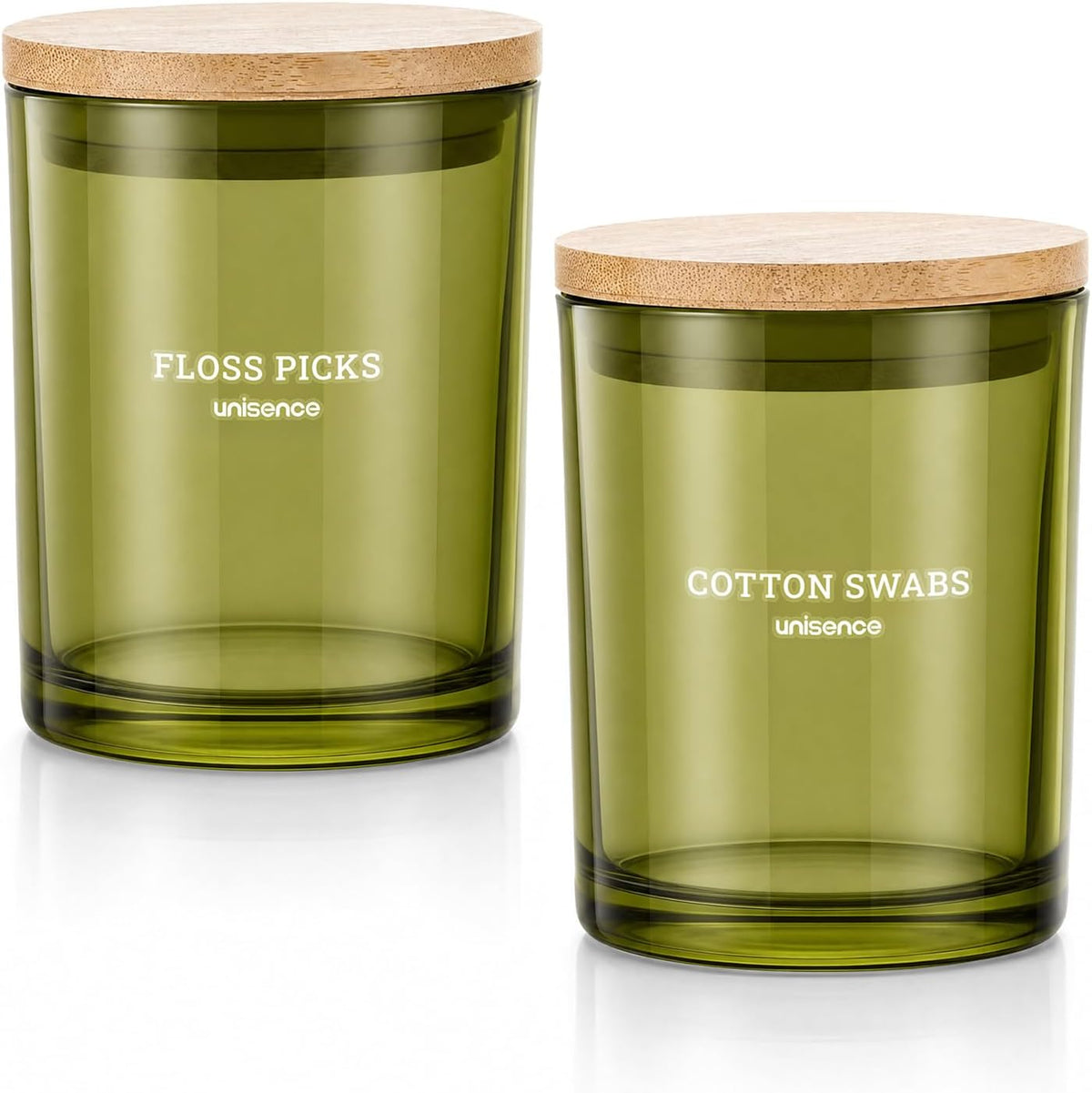 2 Pack Glass Qtip Holder Dispenser Set - Q Tip Holder for Bathroom Canister Qtip Dispenser with Lid for Cotton Balls, Swabs, Floss Picks, and Makeup Sponges ,Olive Green,Large Capacity