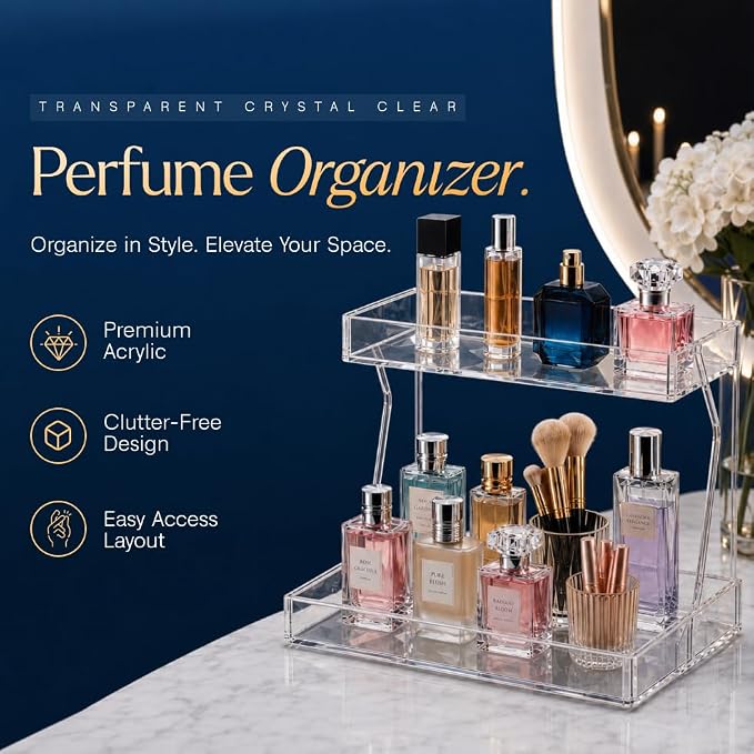 Perfume Organizer for Vanity, Premium Clear Acrylic Makeup Organizer Countertop with Non-Slip Trays, Easy 30-Second Assembly, organizador de maquillaje (Crystal Clear)