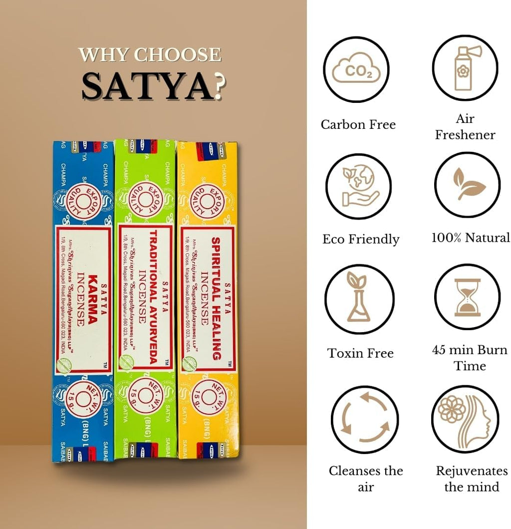 Satya Natural Incense Sticks Assortment – 12 Pack, 15g Each – Hand Rolled in India – Aromatherapy, Meditation, Yoga, Relaxation, Stress Relief, Home Fragrance