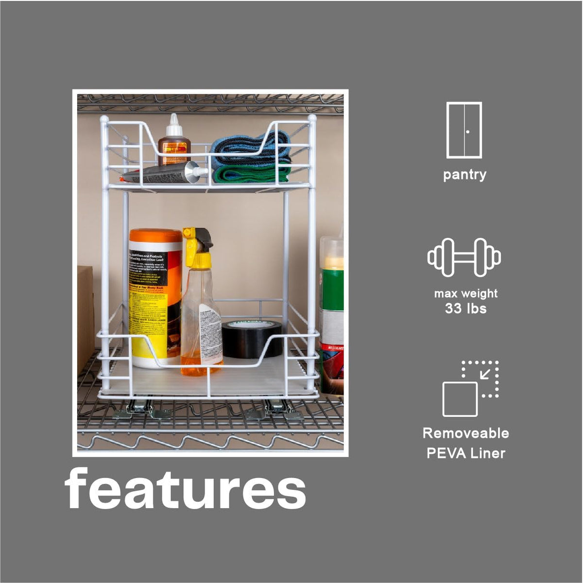 Household Essentials White Steel Two-Tier Pantry Organizer with Plastic Accents