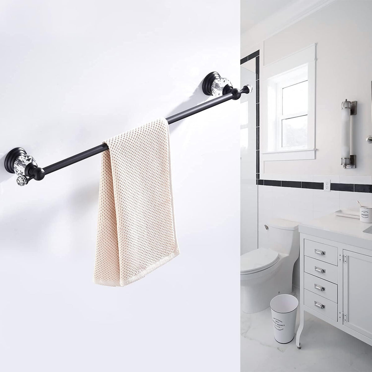 WINCASE Crystal Towel Bar, Black Adjustable Towel Rack, Single Hand Towel Holder Bathroom Shower Towel Rail Rod Modern Luxury Wall Mount Matte Black