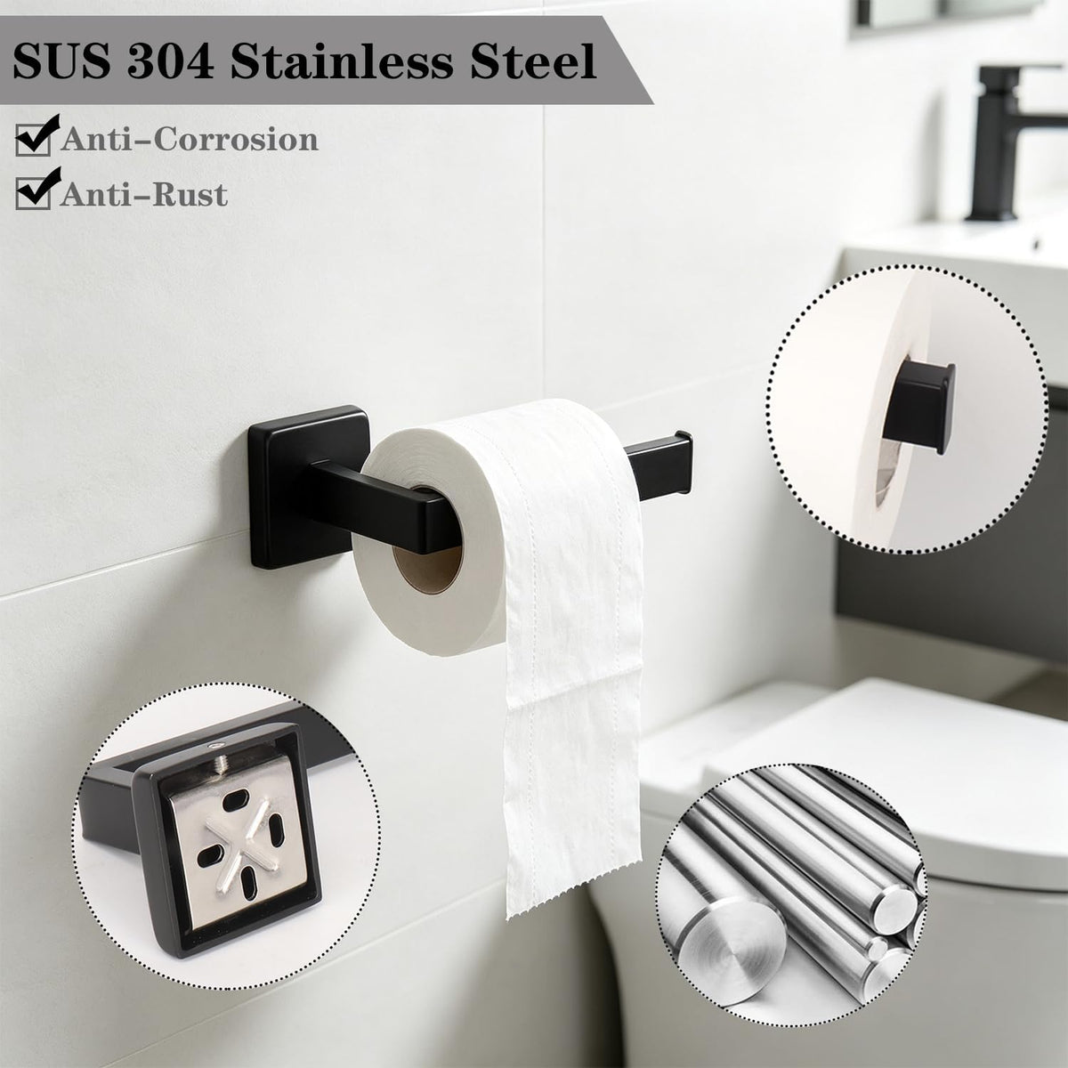 TocTen Toilet Paper Holder-Bathroom Tissue Holder Fit Big Roll Paper, Made of Thicken SUS 304 Stainless Steel, Square Paper Roll Holder Wall Mount Suitable for Bathroom, Kitchen, Office (Black, 6.5)