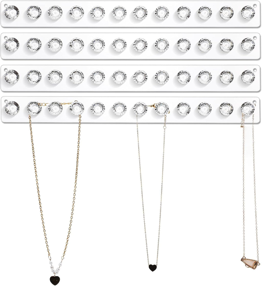 4-Pack Acrylic Necklace Holder, Necklace Hanger Wall Mount, Diamond Shape Jewelry Organizer with 12 Hooks for Necklaces, Bracelets, Chains - Clear Crystal Display Rack for Women