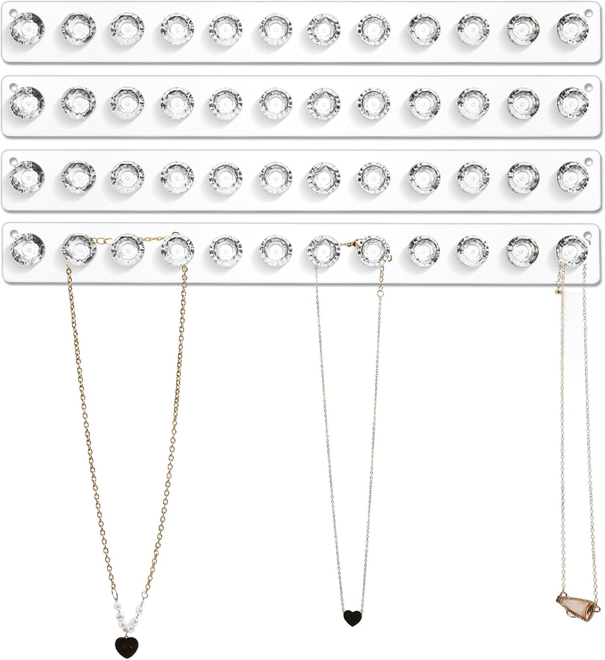 4-Pack Acrylic Necklace Holder, Necklace Hanger Wall Mount, Diamond Shape Jewelry Organizer with 12 Hooks for Necklaces, Bracelets, Chains - Clear Crystal Display Rack for Women