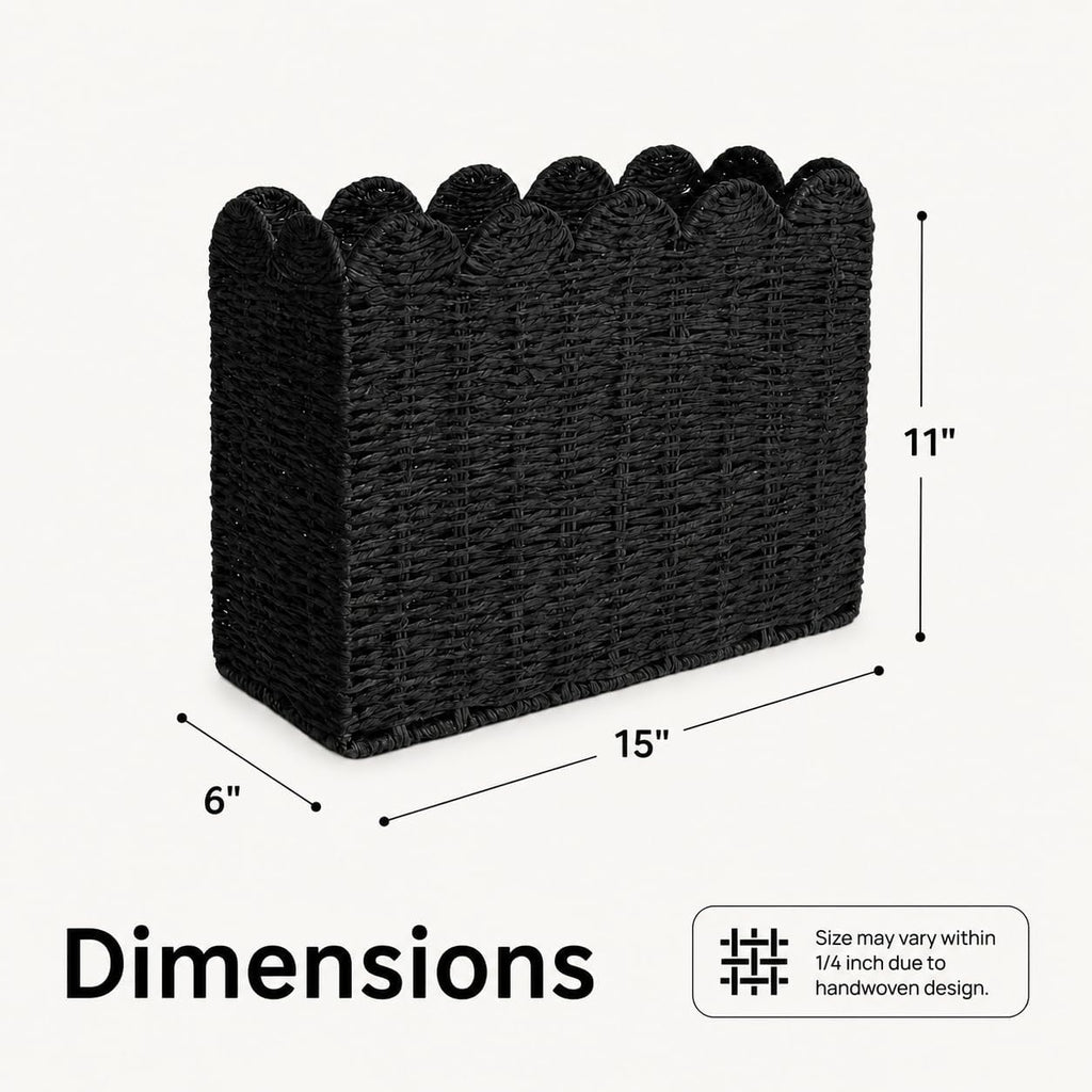 Black Paper Rope Magazine Holder, Scalloped Magazine Basket
