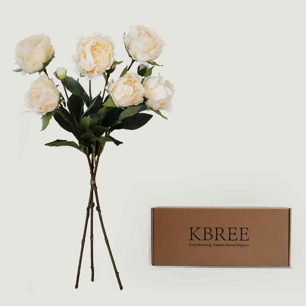 KBREE Peonies Artificial Flowers, 25.2" Real Touch Flowers, 3 Pcs Peony Stems with Large Bloom Heads, Lifelike Artificial Flowers for Vase, Wedding Bouquet DIY & Floral Arrangements (Cream White)