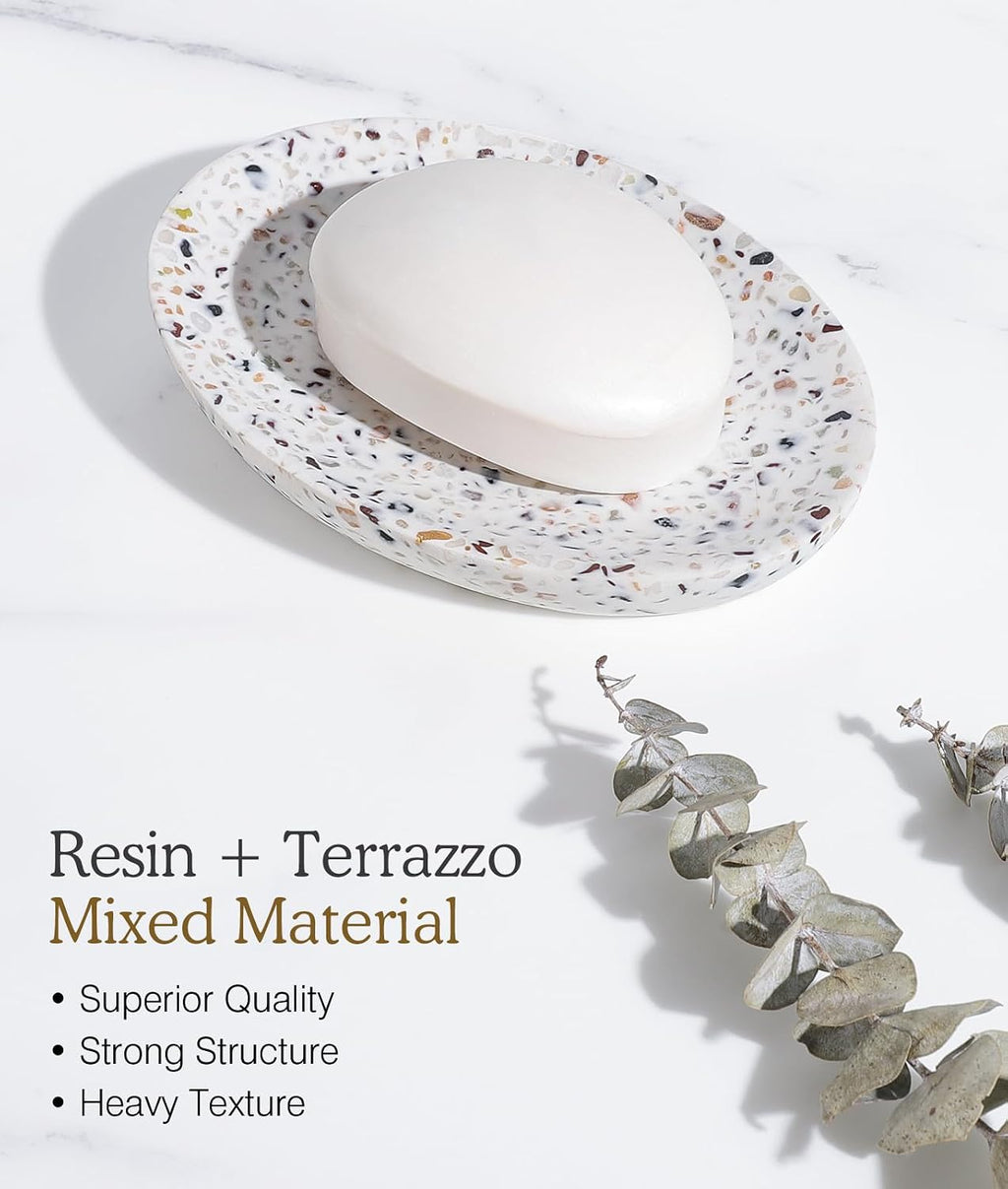 Luxspire Oval Soap Dish, Non-Slip Resin Holder with Drainage, Terrazzo