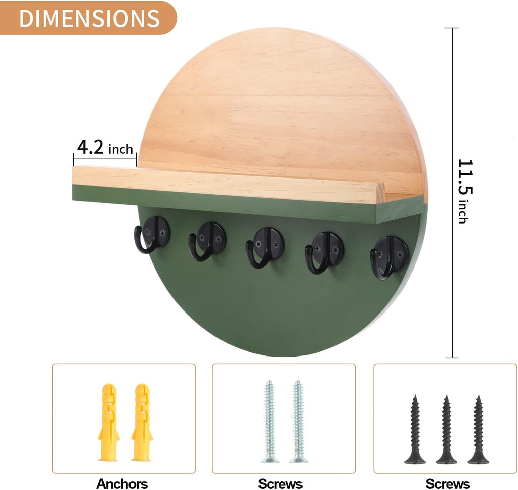 CRAKTH Key and Mail Holder for Wall Decorative, Wooden Boho Key Hanger with Shelf, Unique Two-Tone Circular Design Entryway Key Rack - Brown & Green