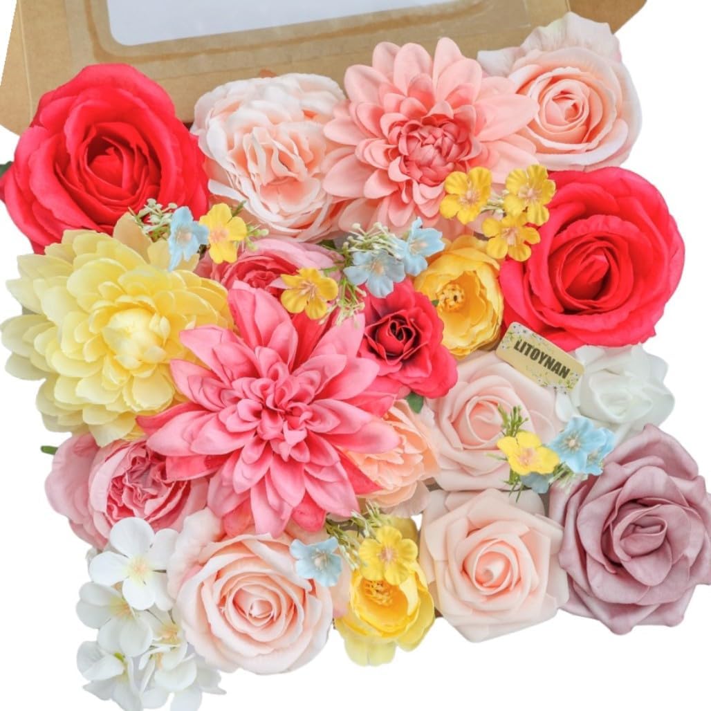 Artificial Flower Box Set Pink & Yellow Silk Flowers Rose Faux Flowers for DIY Bouquets Centerpieces Arrangements Table Decor Baby Shower Party Home Decor (Pink & Yellow)
