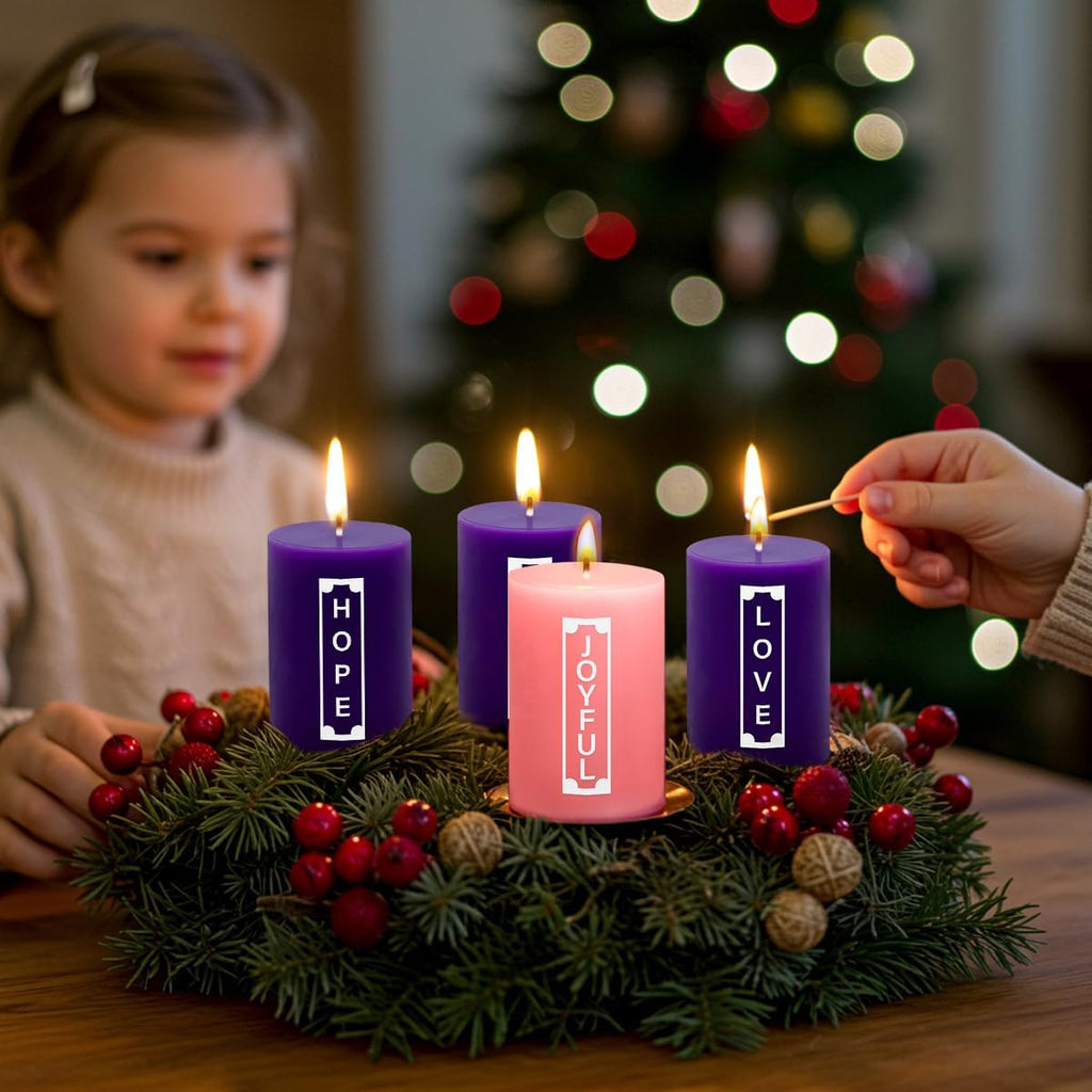 Set of 4 2x3 Inch Advent Pillar Candles with Words Peace, Love, Hope and Joyful, Unscented Purple and Pink Christmas Seasonal Candles - 24 Hour Burn Time