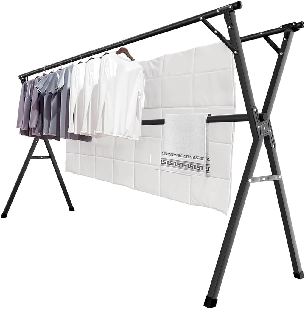 JAUREE 95 Inches Clothes Drying Rack, Drying Rack Clothing Folding Indoor Outdoor, Heavy Duty Stainless Steel Laundry Drying Rack, Foldable Portable Clothes Rack Garment Rack with 20 Hooks Black