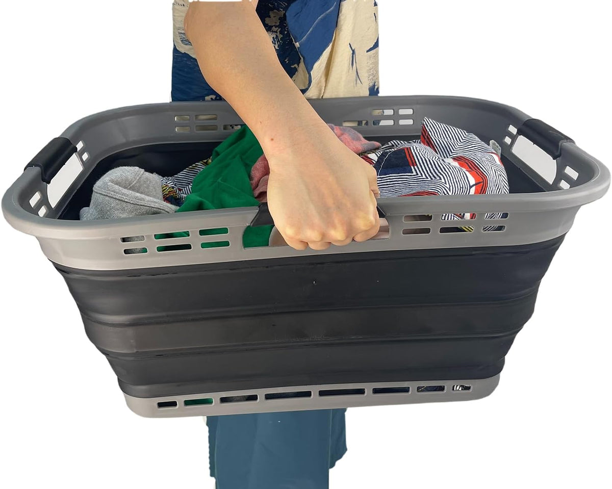 SAMMART Set of 2 Collapsible Plastic Storage Basket - Foldable Pop Up Storage Container - Portable Laundry Organizer - Space Saving Hamper (Grey/Black, 42L (Style A))