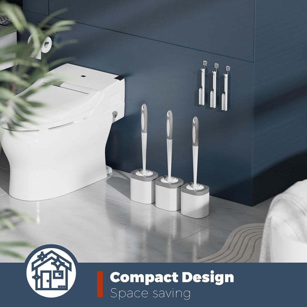 Holaloha Toilet Brush and Holder Set, Space Saving, 3 Pack, White