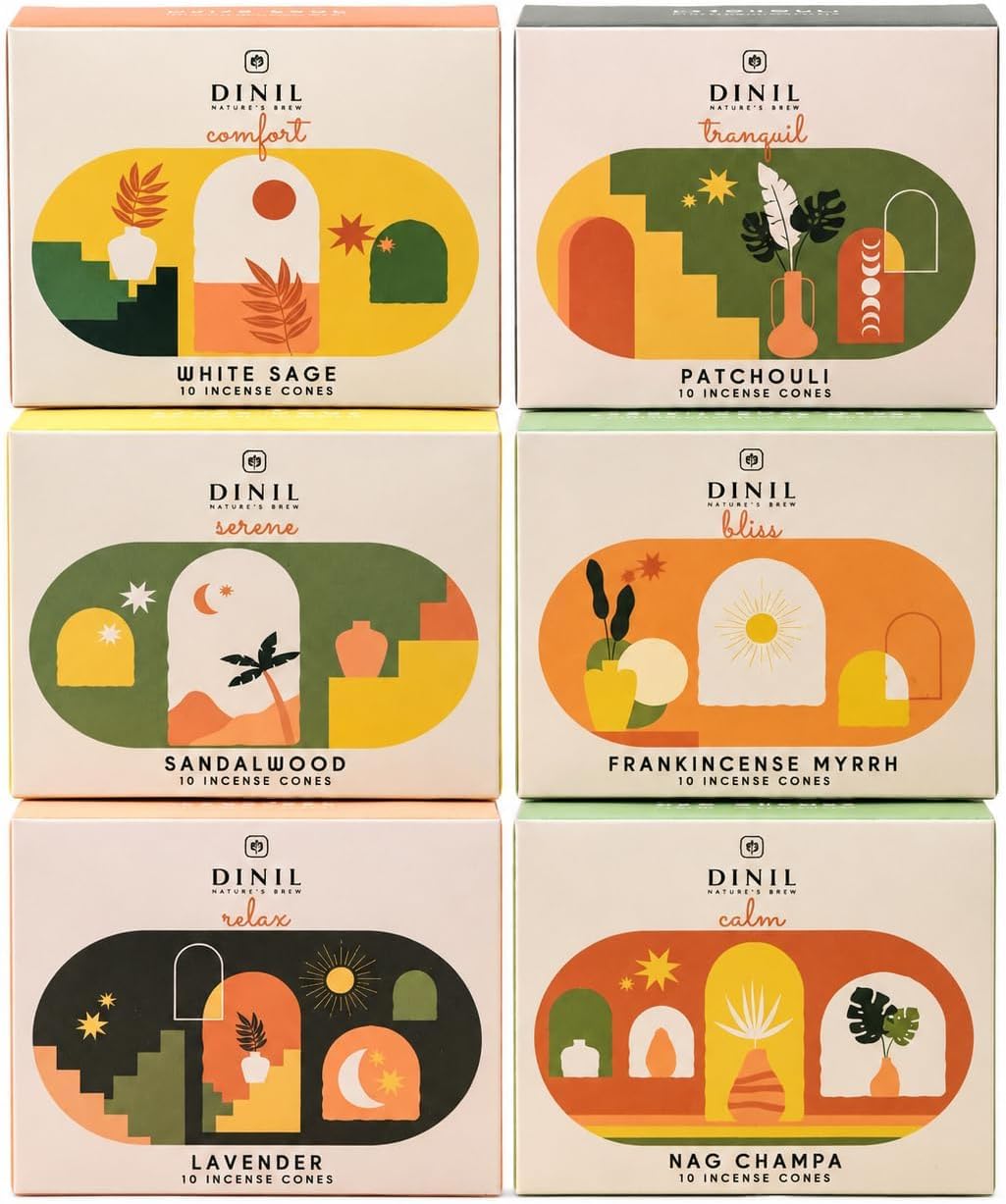 Dinil Boho Bliss Incense Cones Variety Pack, 60 Cones, 6 Fragrances