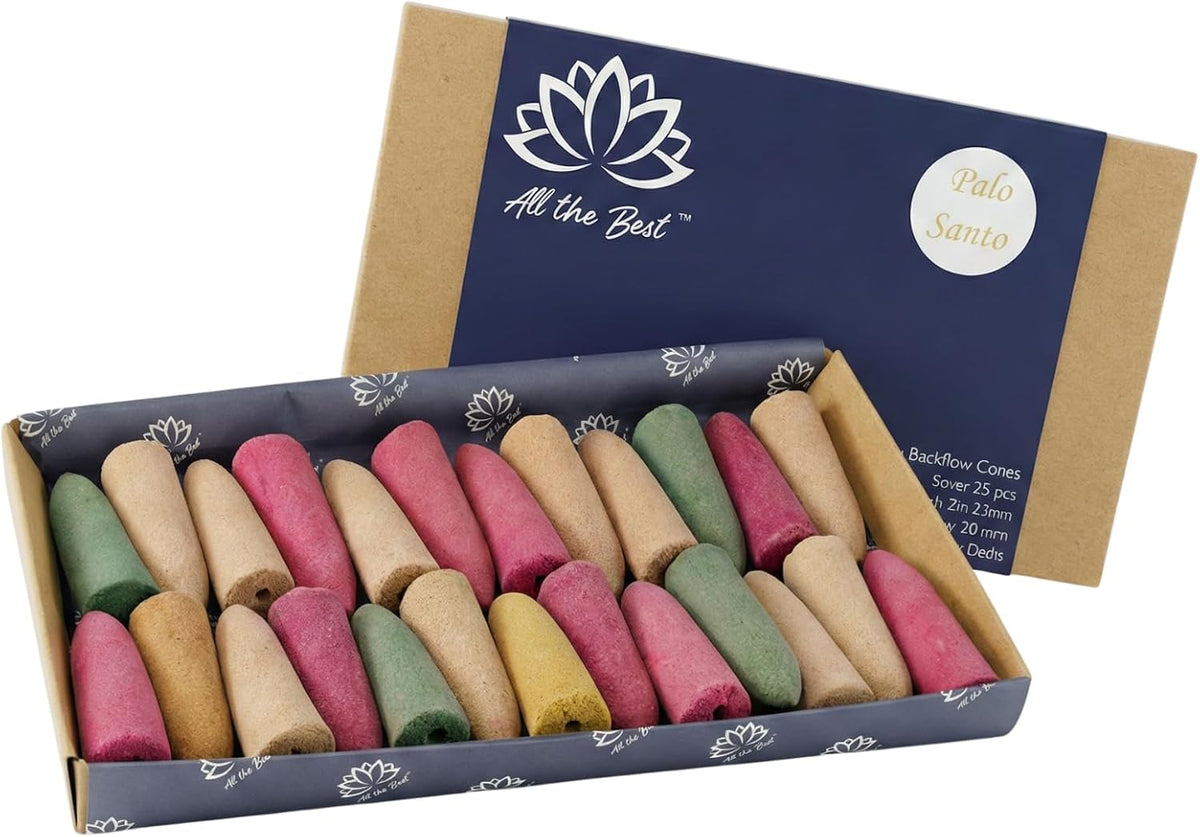 All the Best Premium Backflow Incense Cones Gift Box - 25 Large Waterfall Cones for Backflow Burner, 2 Inch Hand-Rolled, 30+ Min Burn, Meditation, Aromatherapy, Yoga & Reiki (Palo Santo)