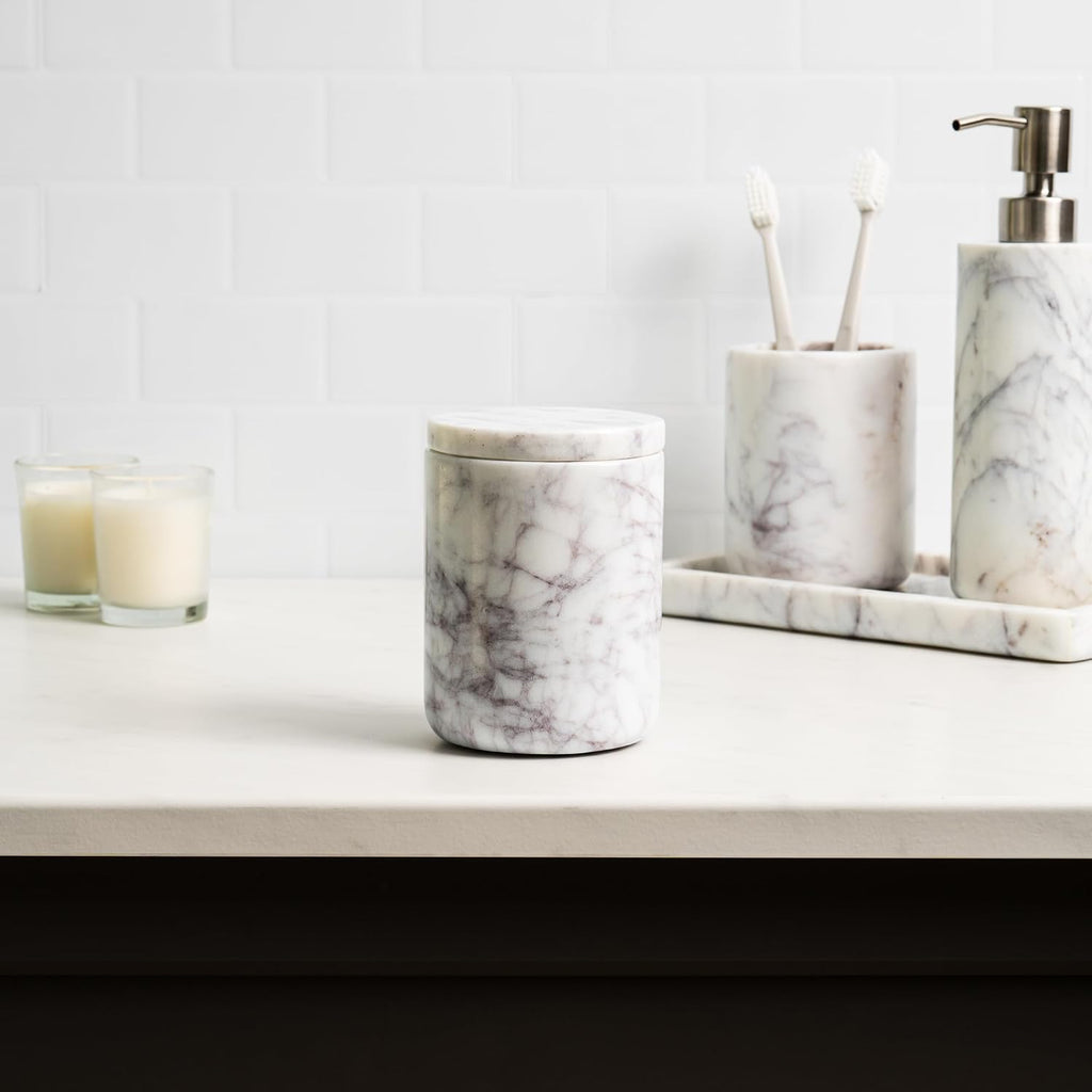 Cork & Mill Marble Bathroom Canister with Lid for Qtips and Swabs