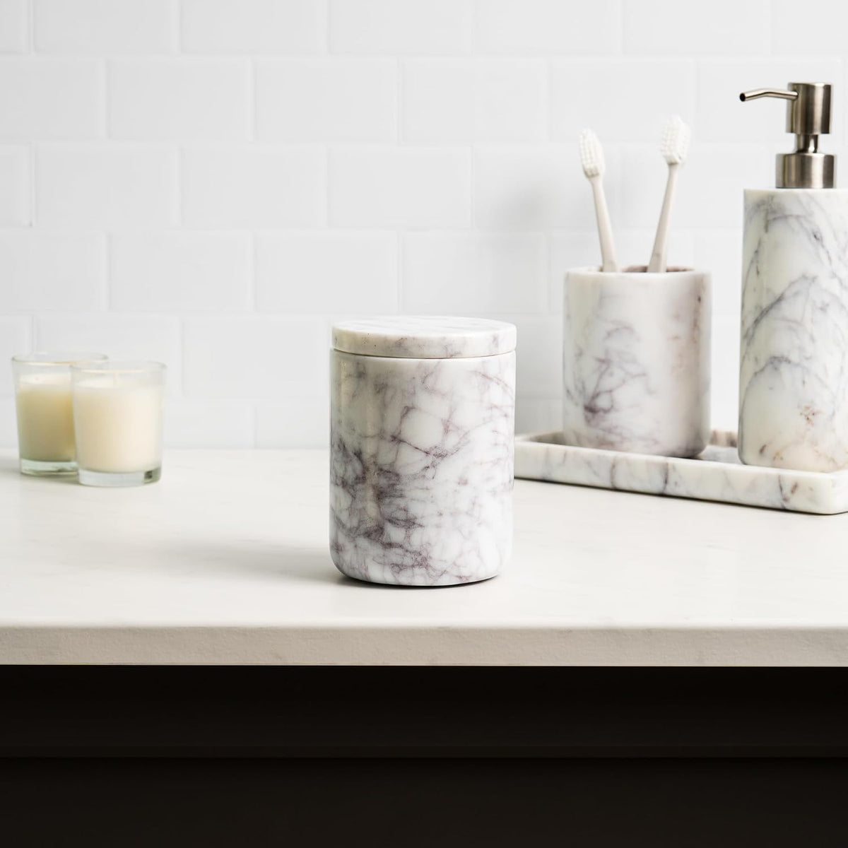 Cork & Mill Marble Bathroom Canister with Lid for Qtips and Swabs