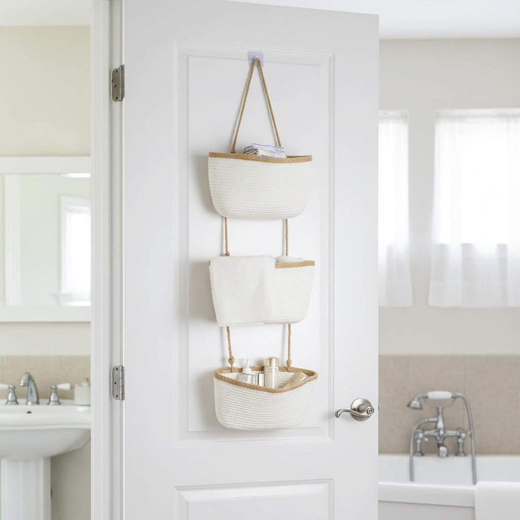 TeoKJ Over the Door Hanging Storage Basket Wall Organizer White&Dark Brown