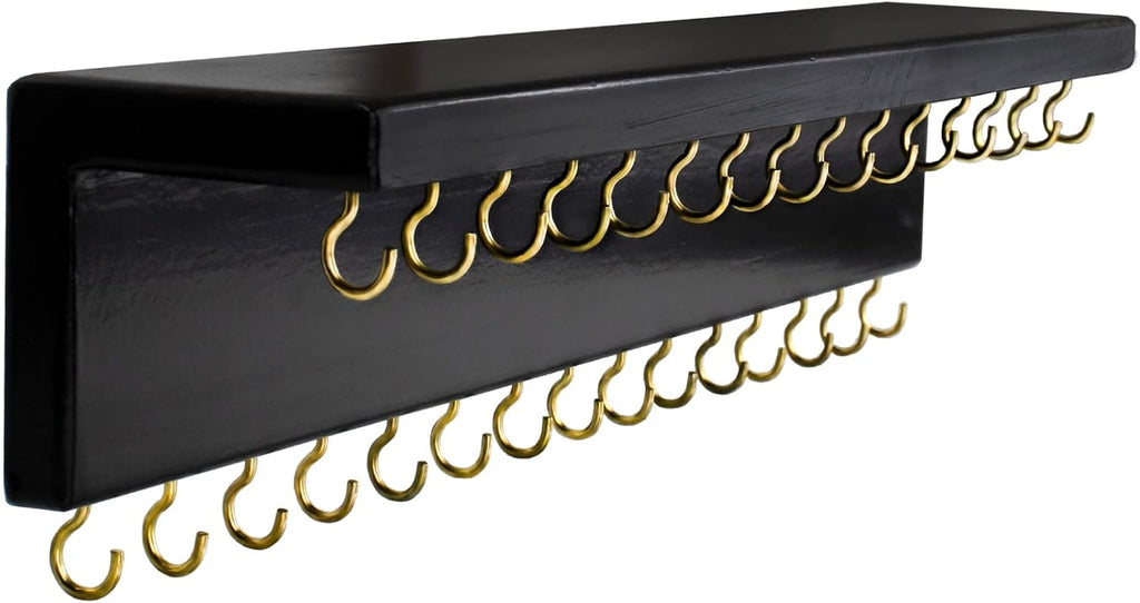 SANY DAYO HOME Black Necklace Holder Jewelry Organizer with 30 Hooks, 15 x 3 x 4 inches Wall Mount Rustic Pine Wood Shelf for Necklace, Hair Bow Storage