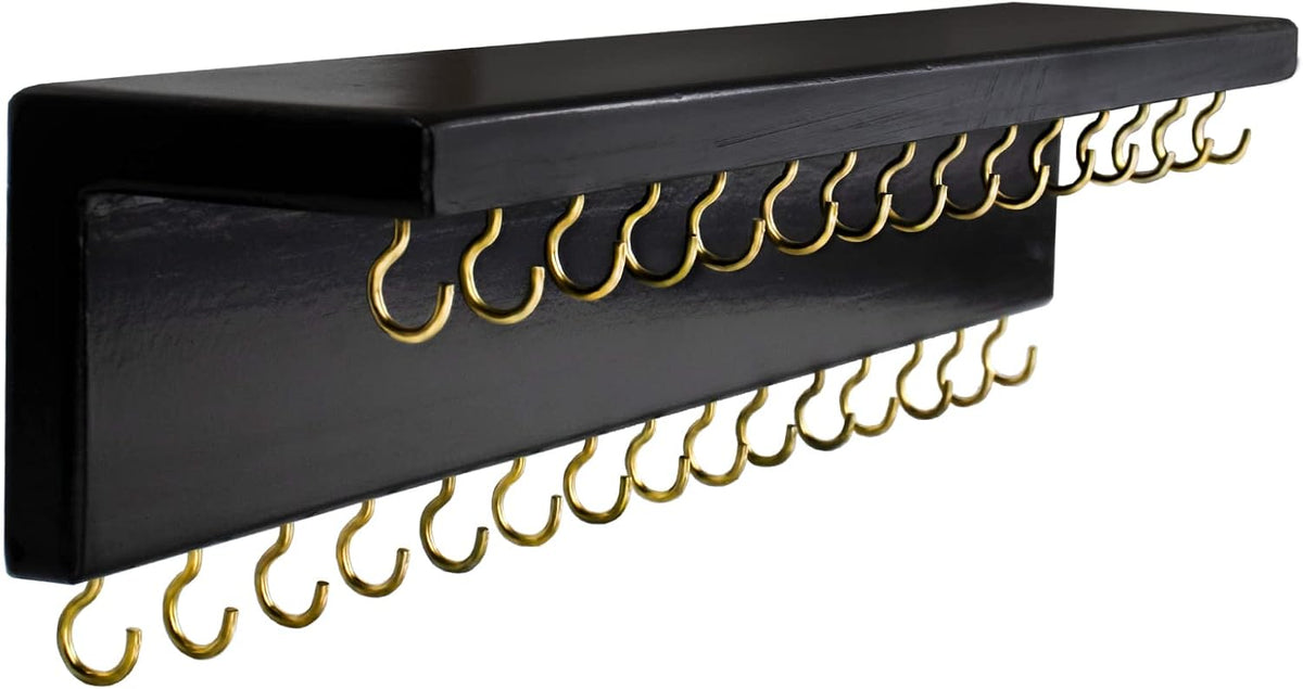 SANY DAYO HOME Black Necklace Holder Jewelry Organizer with 30 Hooks, 15 x 3 x 4 inches Wall Mount Rustic Pine Wood Shelf for Necklace, Hair Bow Storage