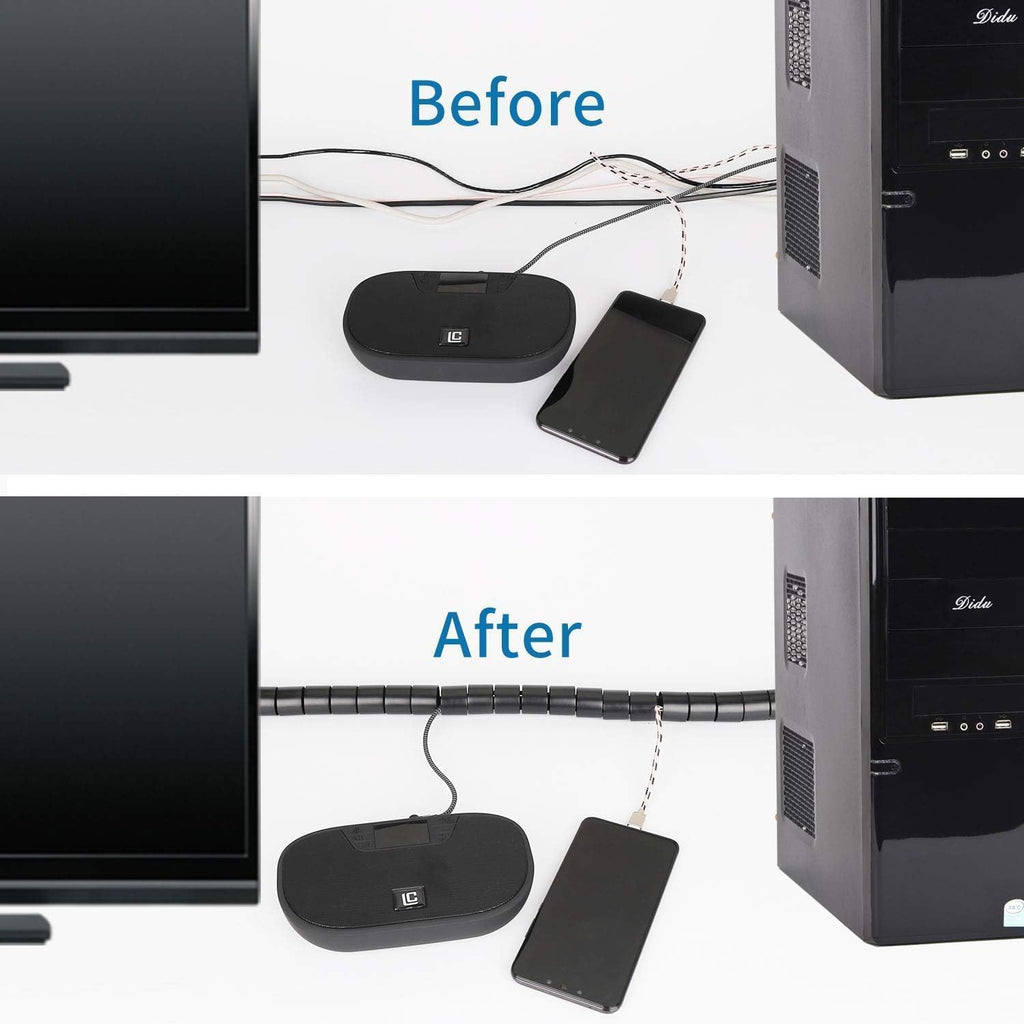 RELIANCER 10FT Cable Management Sleeve Organizer,1/2 inch Coiled Cord Organizer w/4 Cable Clips & Guide Clip,Wire Cover Wire Wrap Cable Protector,Messy Cable Tube Hider Solutions TV PC Home Office