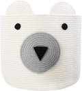 Foldable Woven Laundry Basket with Cute Bear Design - Large Capacity Decorative Organizer for Toys, Blanket, Towels, Clothes - White (16D x 14H inch)