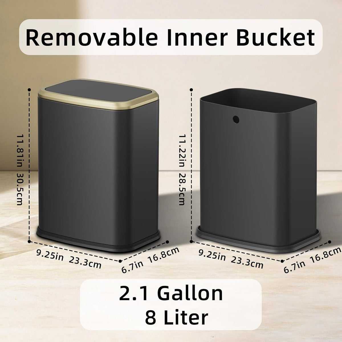 8L/2.1 Gallon Small Bathroom Trash Can with Lid, Swing-Top Rectangular Waste Bin, Stainless Steel Garbage Can for Home, Office, Toilet, Bedroom, Living-Room (Black)