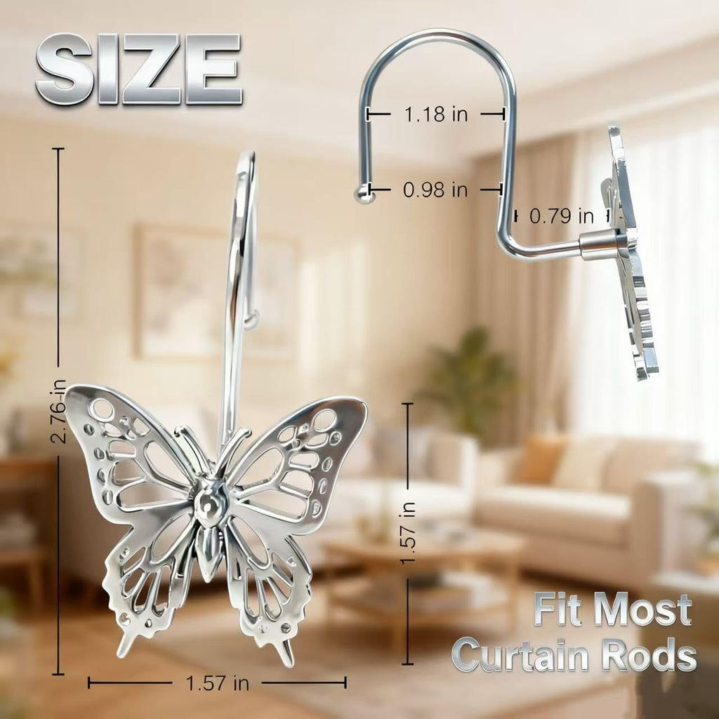 12PCS Decorative Shower Curtain Hooks, Metal Shower Curtain Rings, Rustproof Shower Curtain Hanger for Bathroom, Elegant Butterfly Design (Silver)