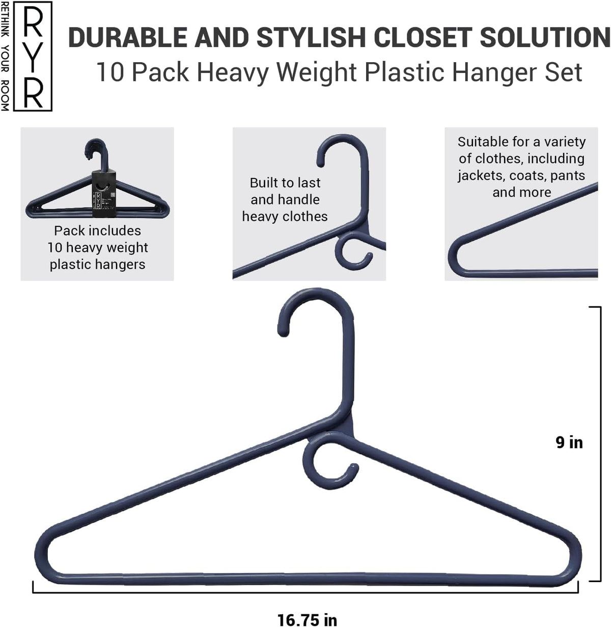 Clothes Hangers 10 Pack Plastic - Heavy Duty Space Saving Coat, Velvet Hangers, Pant Hangers for Closet Organization - Durable Non-Slip, Navy Wardrobe Essentials Bulk Storage